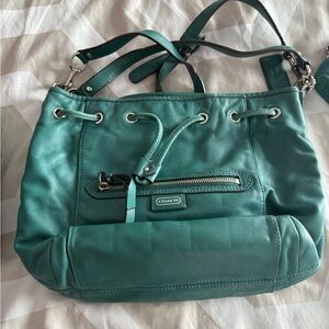 Coach Teal Leather Drawstring Shoulder Bag with Front Zip